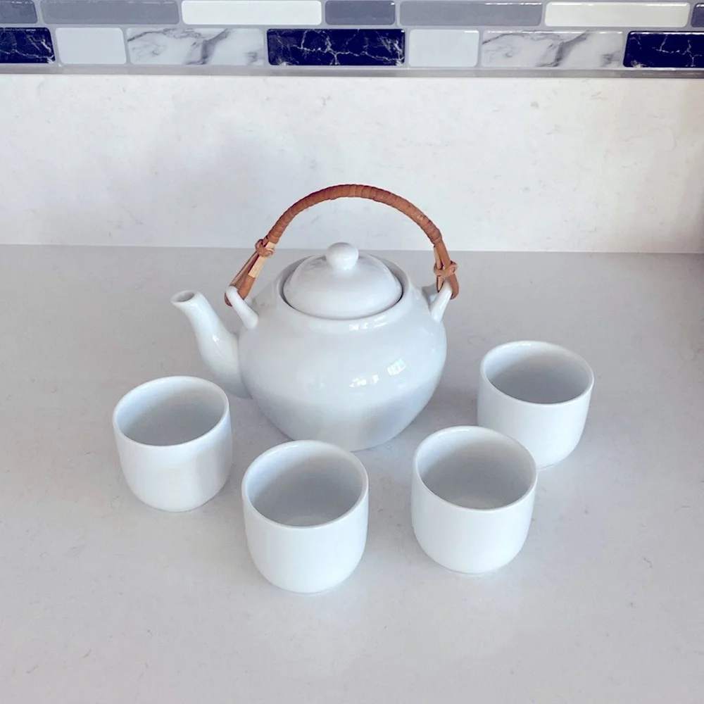 Pier 1 Imports Porcelain Tea Set White China Teapot & 4 Cups Classic Decor Asian
